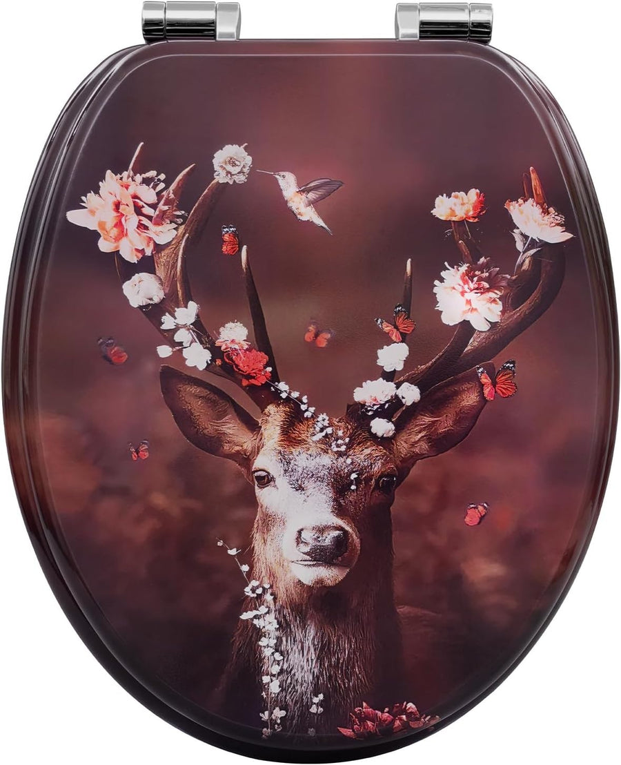 O-Shaped Toilet Seat Soft Close Quick Release Adjustable Hinges Deer Pattern MDF