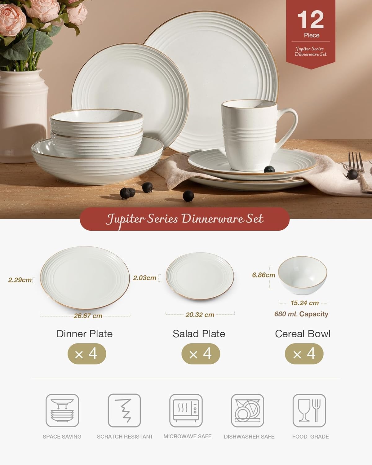 12pc Stoneware Dinner Set White Gold Rim Plates Bowls Dishwasher Safe