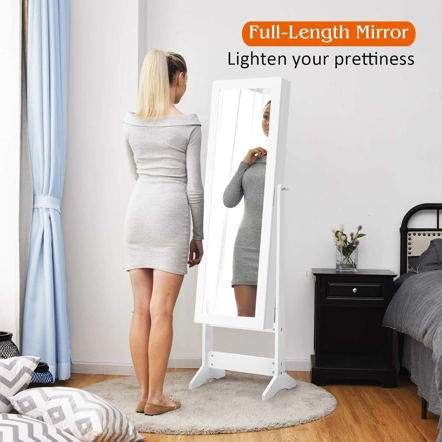 White Adjustable Jewelry Cabinet Mirror Freestanding Storage Armoire