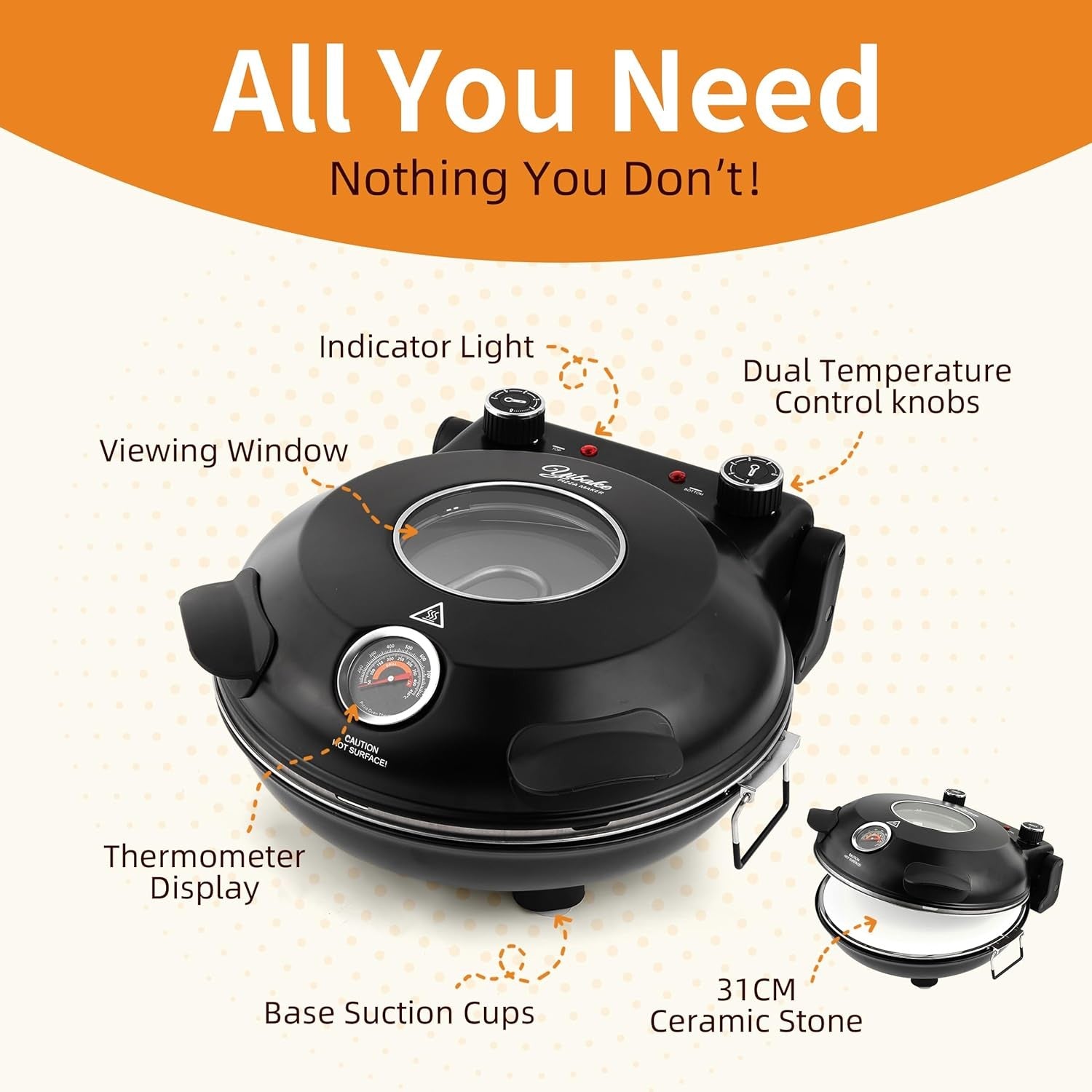 31cm Electric Pizza Oven 1200W Dual Temp Stone Base Fast Heat Black