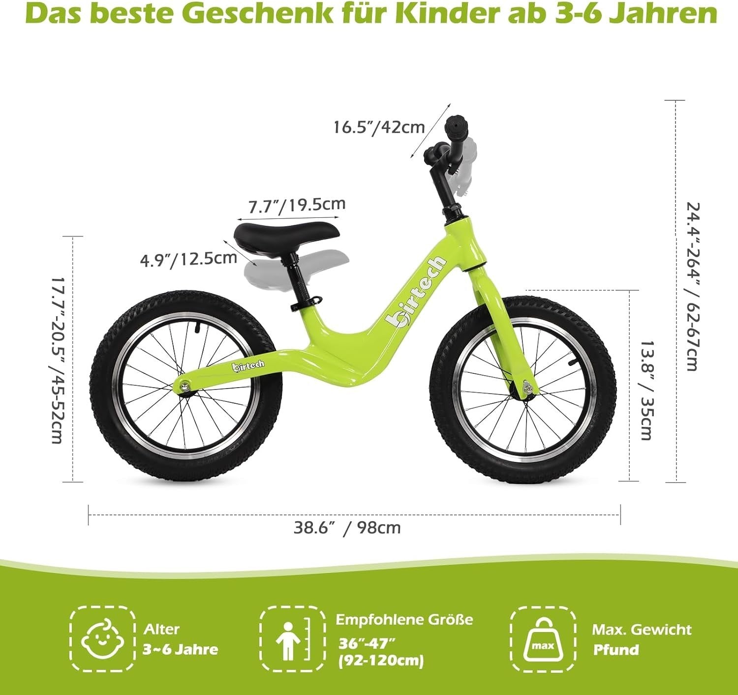 14 Inch Balance Bike Kids No Pedal Bicycle Air Tires Age 3-6 Years