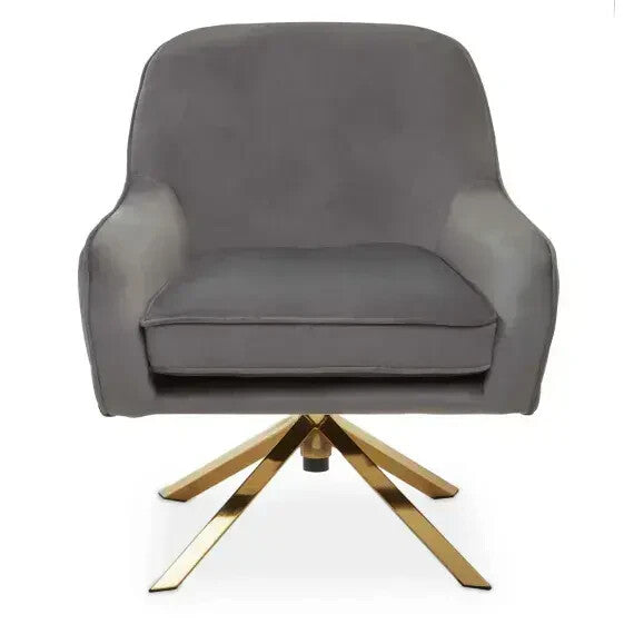 Grey Velvet Swivel Armchair with Gold Legs | Modern Lounge Chair for Living Room