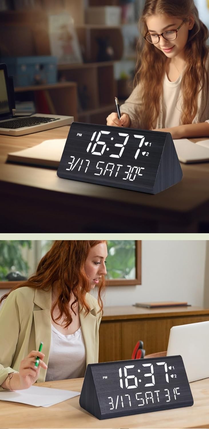 Wooden Digital Alarm Clock LED Large Display USB Charger Loud Snooze