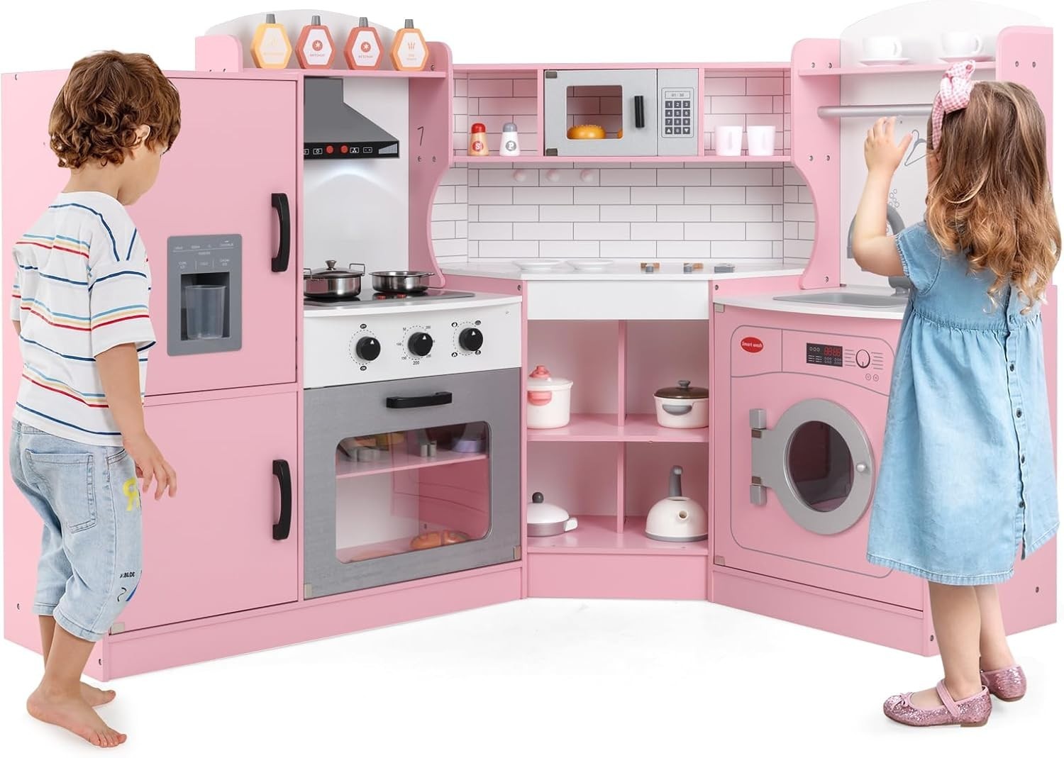 Kids Corner Play Kitchen Wooden Toy Set Light Sound Ice Dispenser Pink