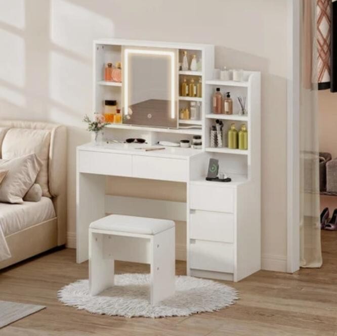 White Vanity Desk with LED Mirror & Stool – 5 Drawer Makeup Dressing Table