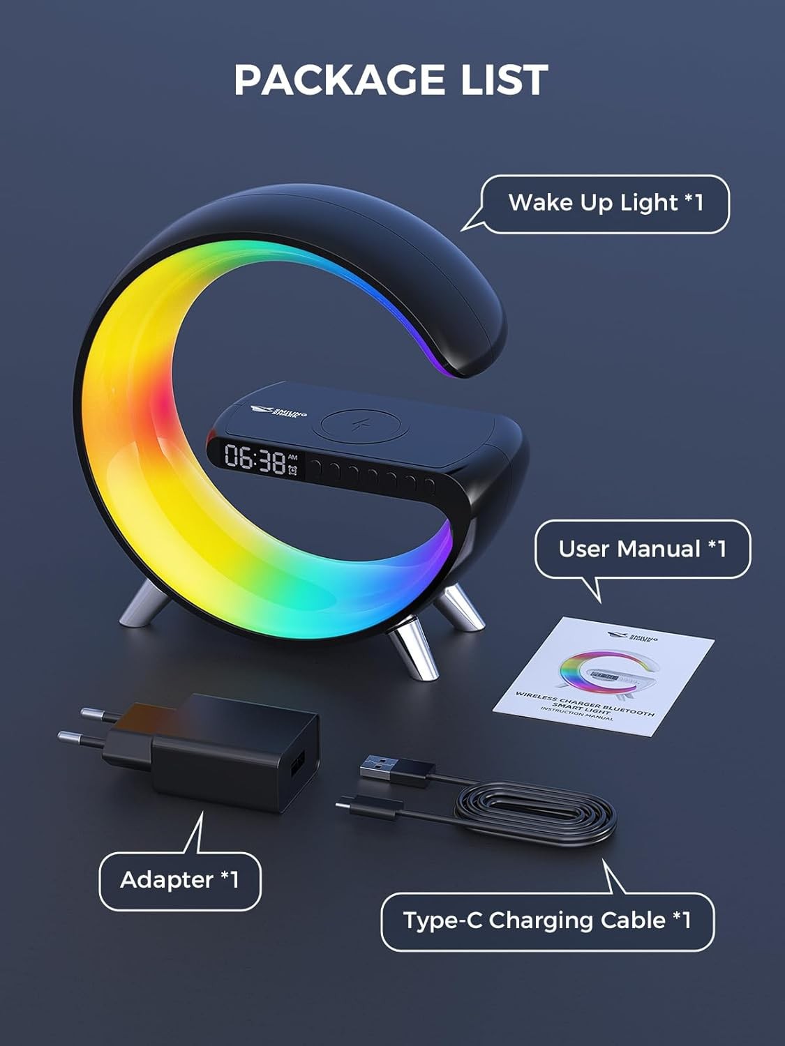 Black RGB G-Shape Sunrise Wake Up Light Alarm Bluetooth Speaker Wireless Charger
