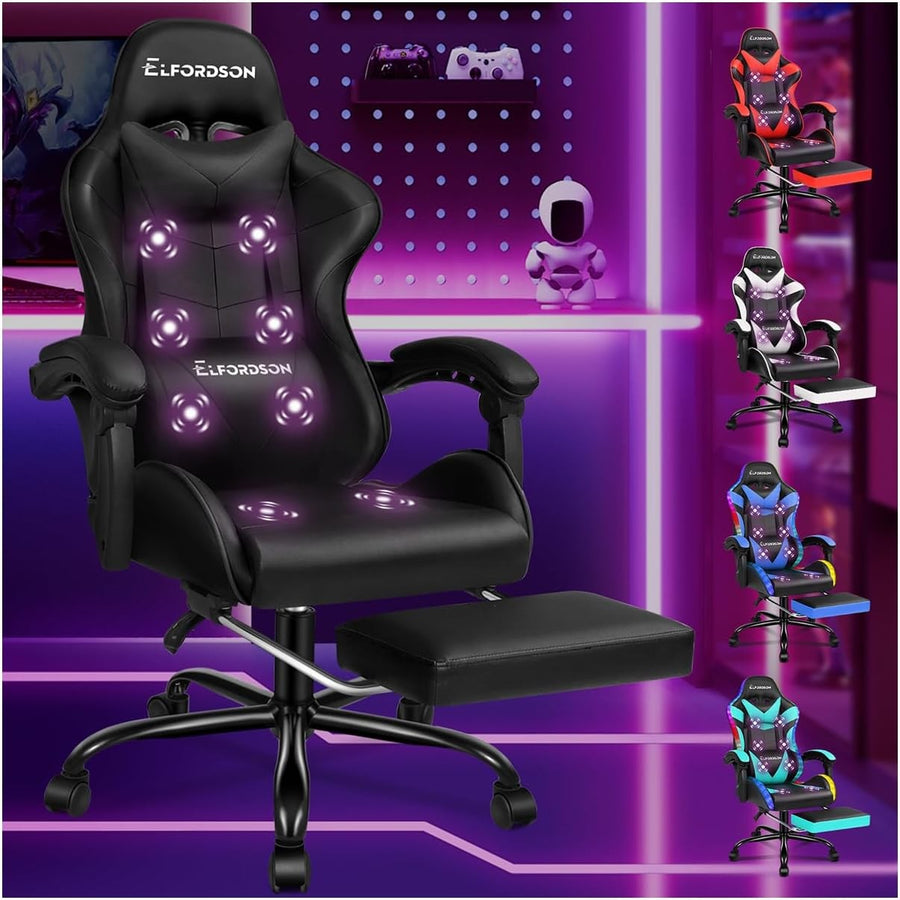 Massage Gaming Chair Recliner w/ Footrest 150° Swivel PU