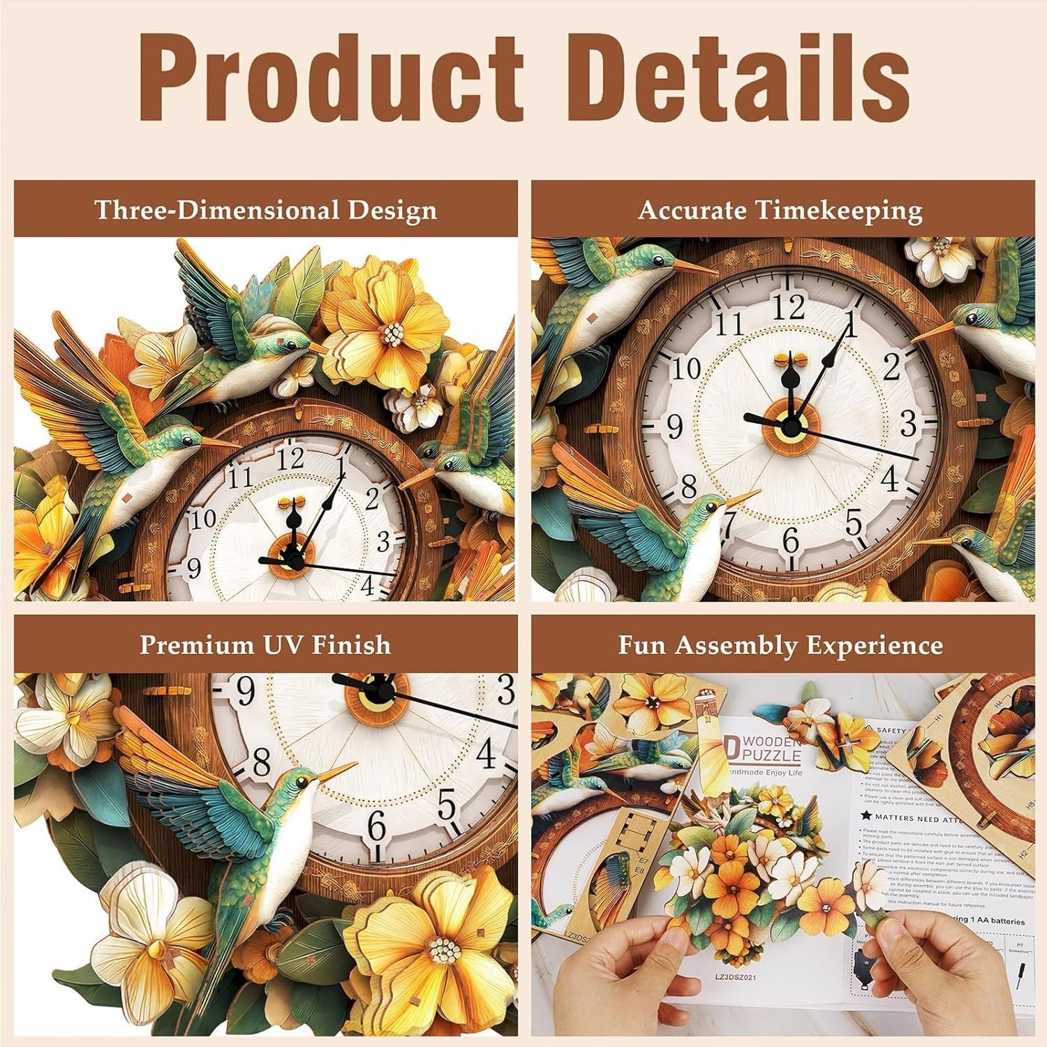 3D Wooden Hummingbird Puzzle Clock DIY Kit with Swinging Pendulum 286x65x374mm
