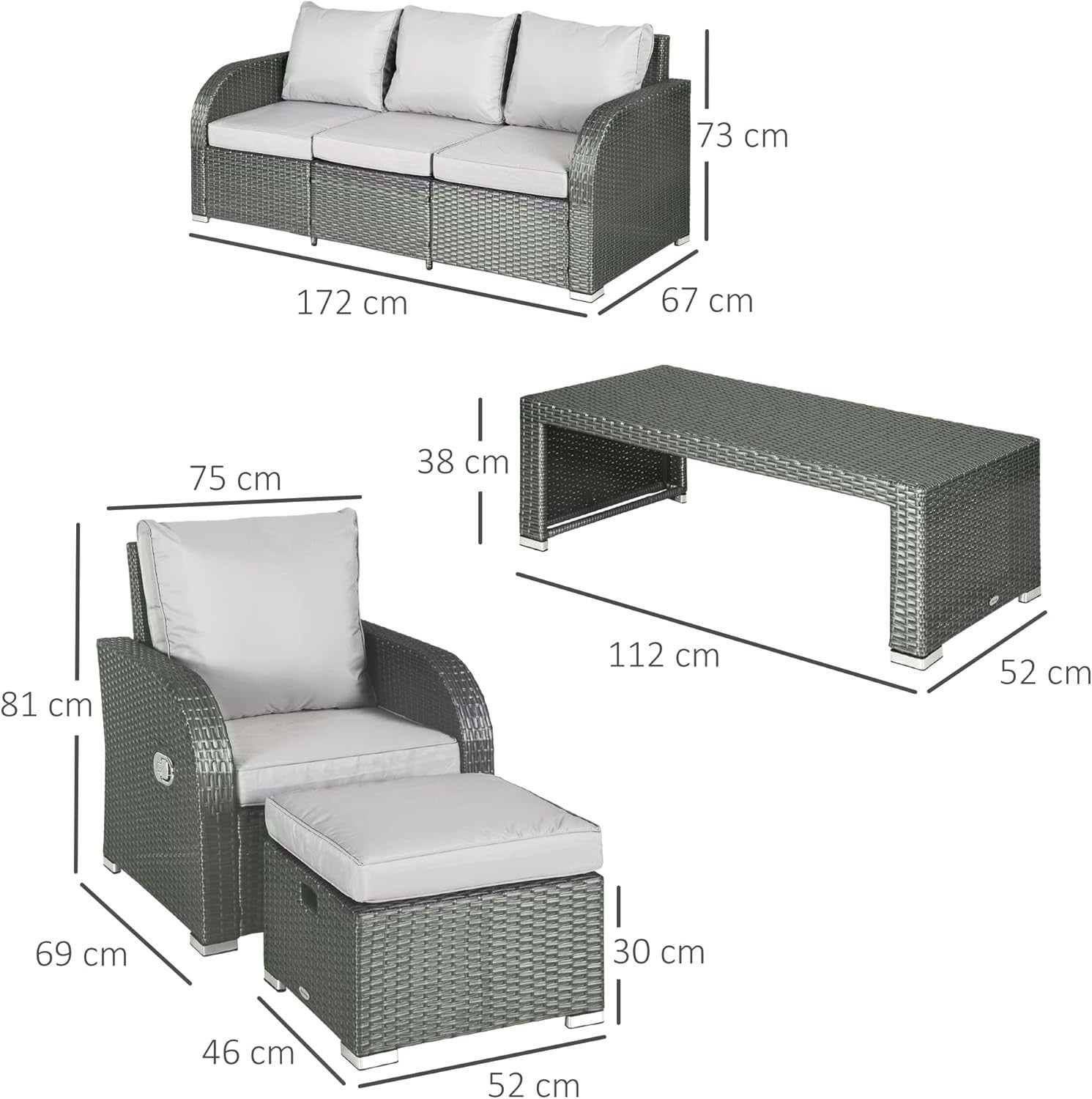 6-Piece Outdoor Rattan Sofa Set Reclining Armchairs Coffee Table Footstools