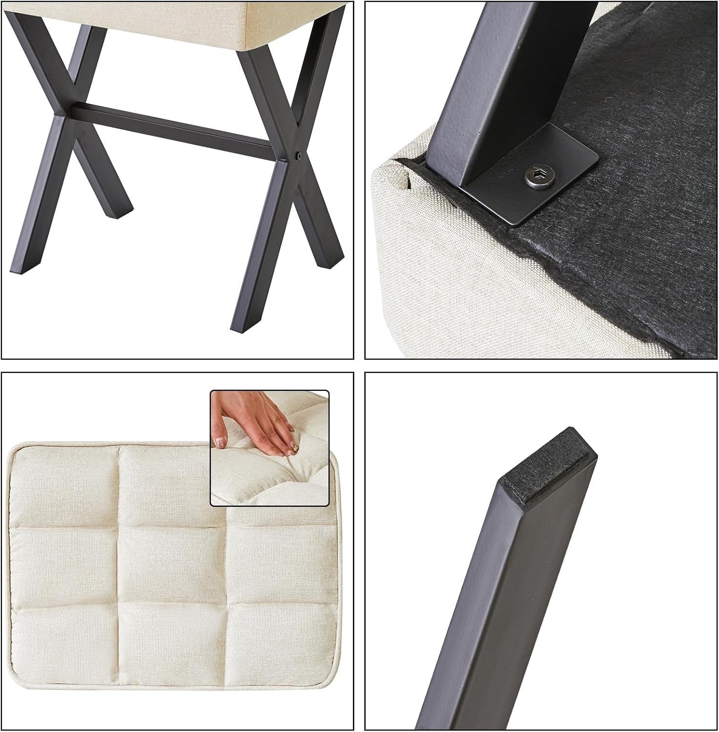 Grey Linen X-Leg Makeup Stool – Modern Ottoman Footrest & Side Table