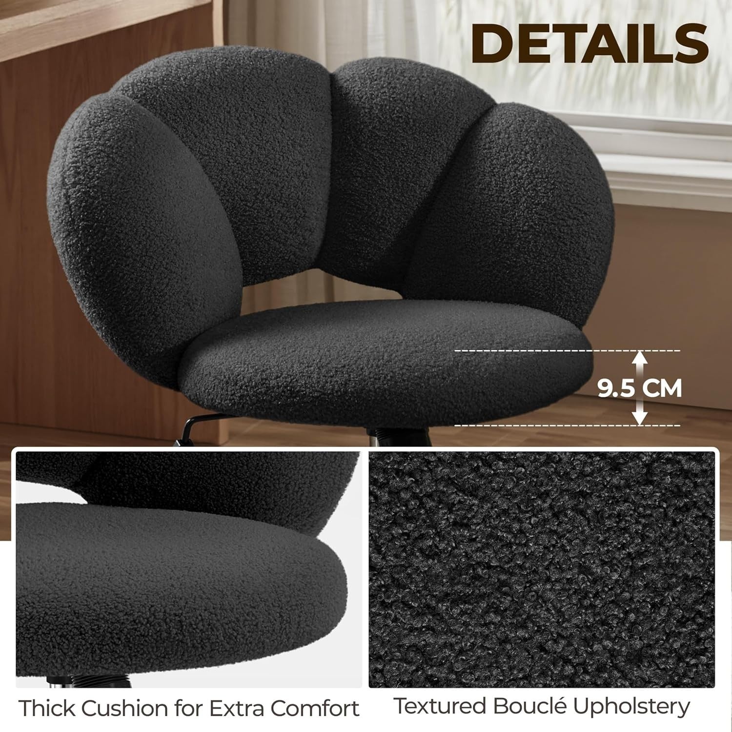Black Boucle Cloud Vanity Chair Swivel Adjustable Desk Chair with Wheels