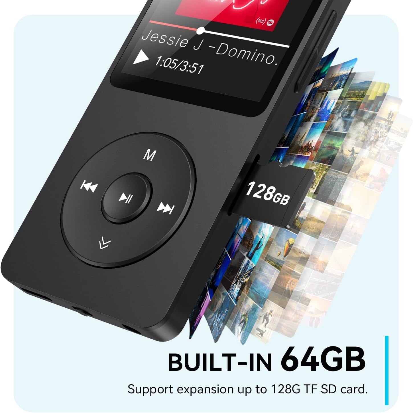 64GB Bluetooth 5.3 MP3 Player Black 1.8" Screen FM Speaker Recorder