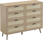 Oak Rattan Chest of Drawers 8 Drawer Storage Cabinet Wood Bedroom