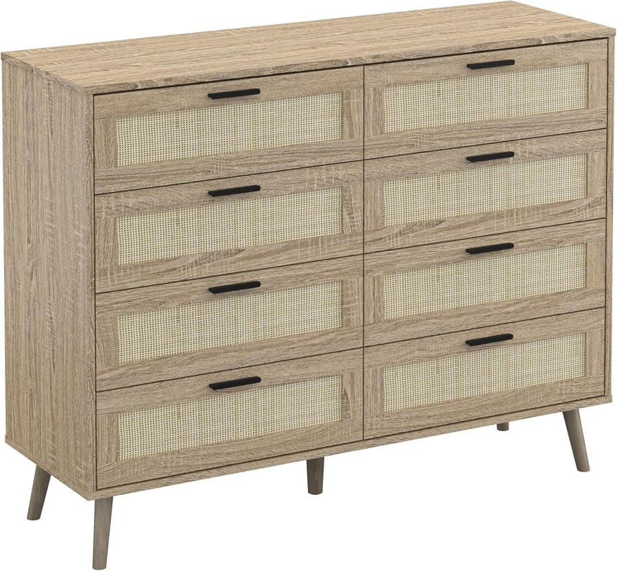 Oak Rattan Chest of Drawers 8 Drawer Storage Cabinet Wood Bedroom