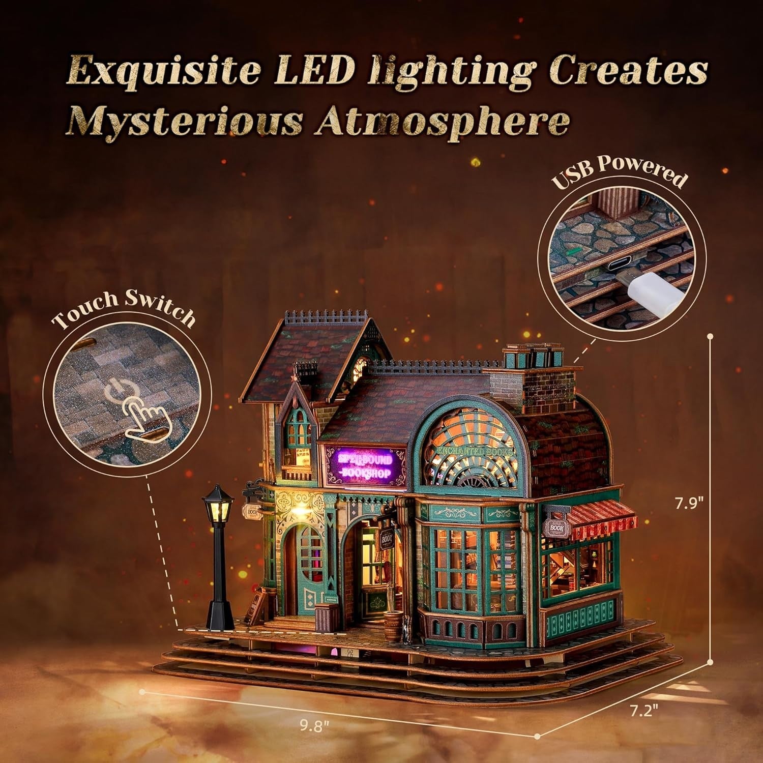3D LED Wood Puzzle Bookshop Model with Lights, DIY Magical Decor Kit