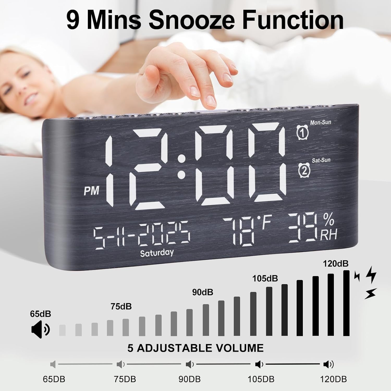 Large Digital Alarm Clock 8.7in Display Temperature Humidity USB Charger