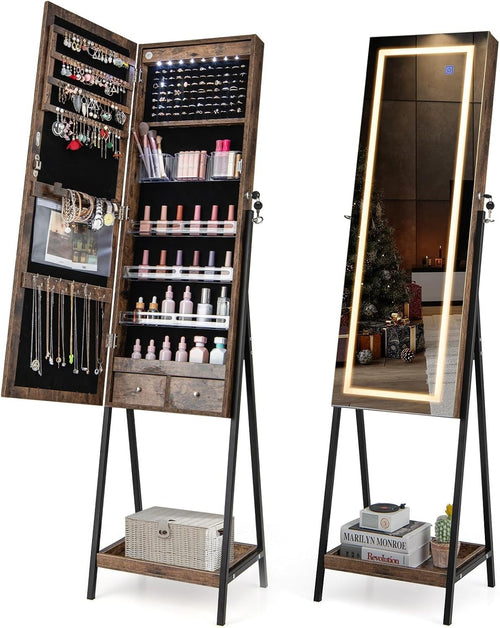 Rustic Brown LED Jewelry Cabinet Freestanding Lockable Mirror Storage