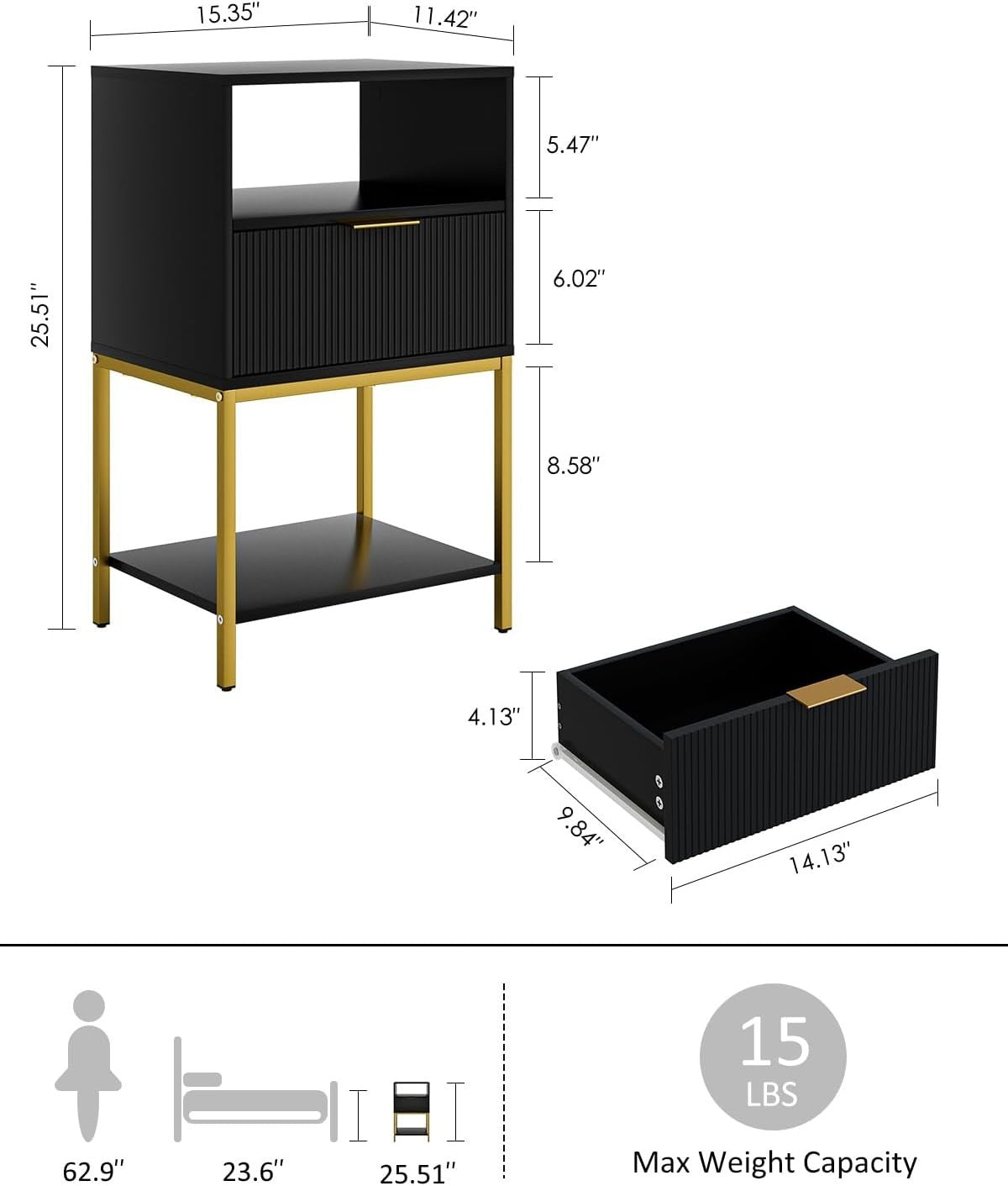 Modern Black Bedside Table with Gold Legs – 3-Tier Fluted Storage Nightstand