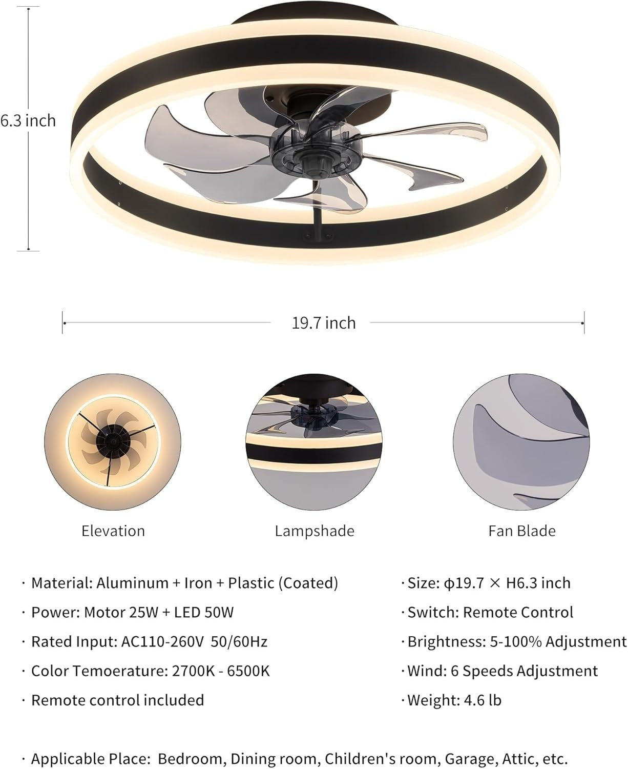 NEWSEE 50CM LED Ceiling Fan, 6 Speeds, 3 Color Dimming, Remote Control