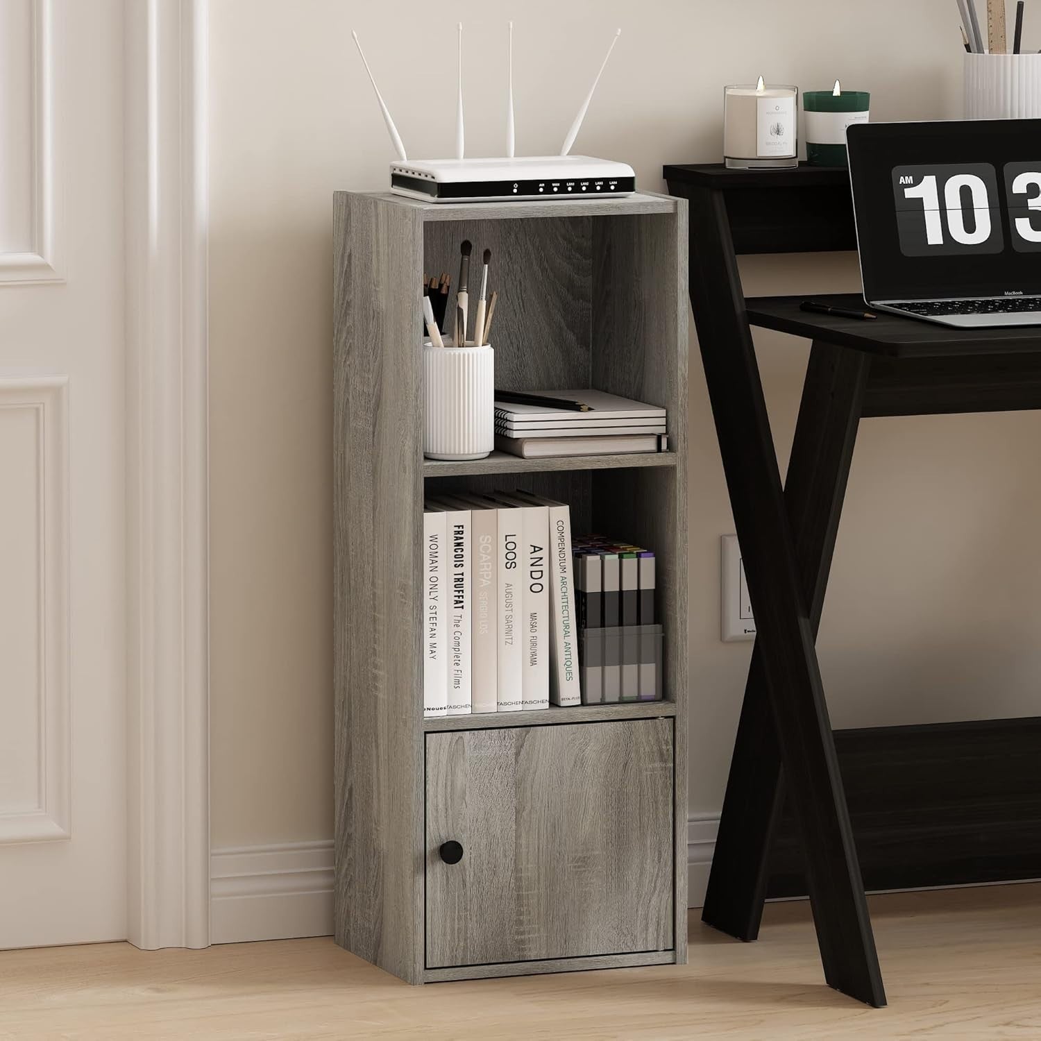 Modern 3-Tier Corner Shelf with 1 Door Cabinet – Durable Engineered Wood Storage