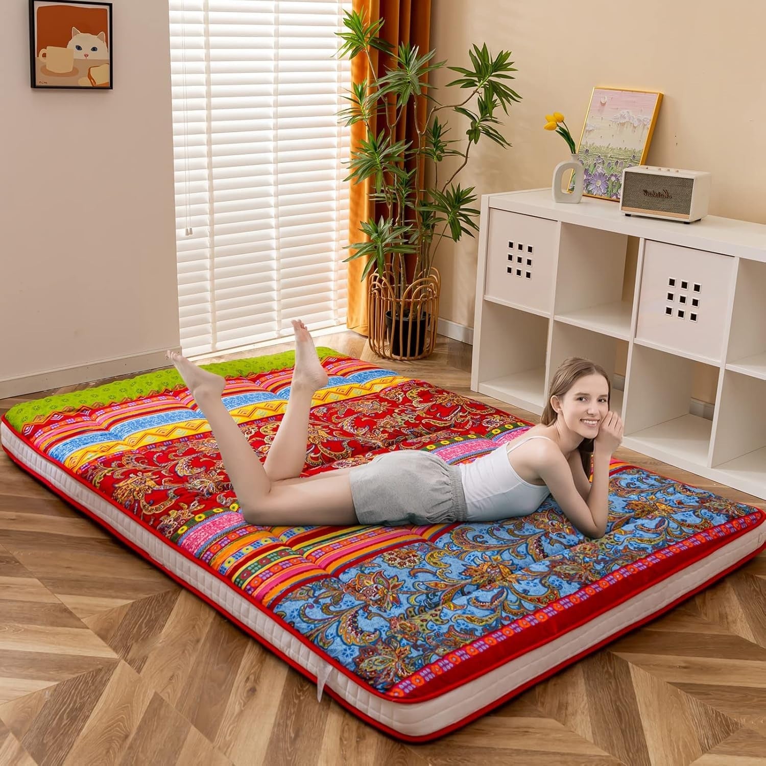 King Size Bohemian Floor Mattress - Thick Japanese Futon, Portable & Comfortable