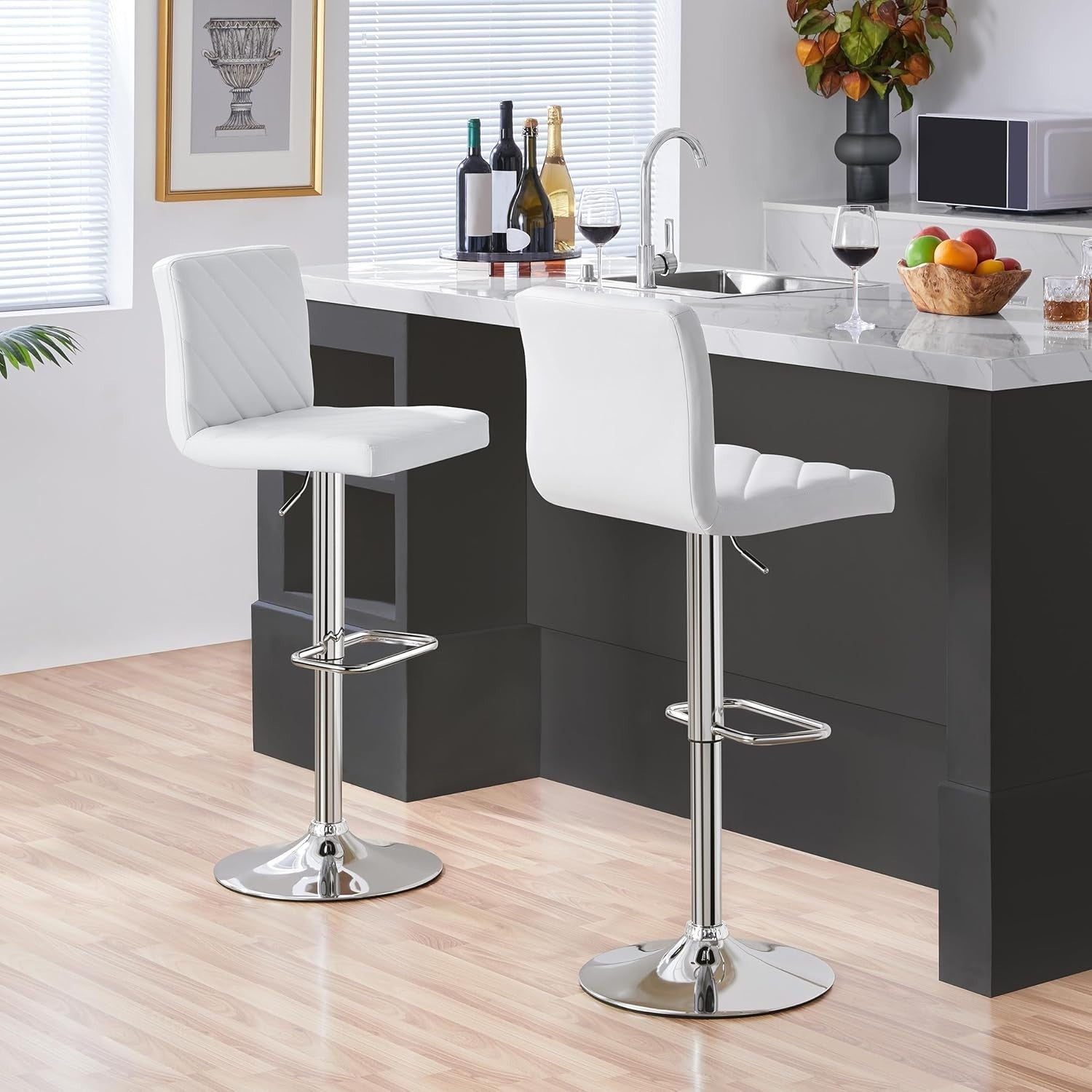 White Adjustable Swivel Bar Stools Set of 2 Faux Leather Chairs