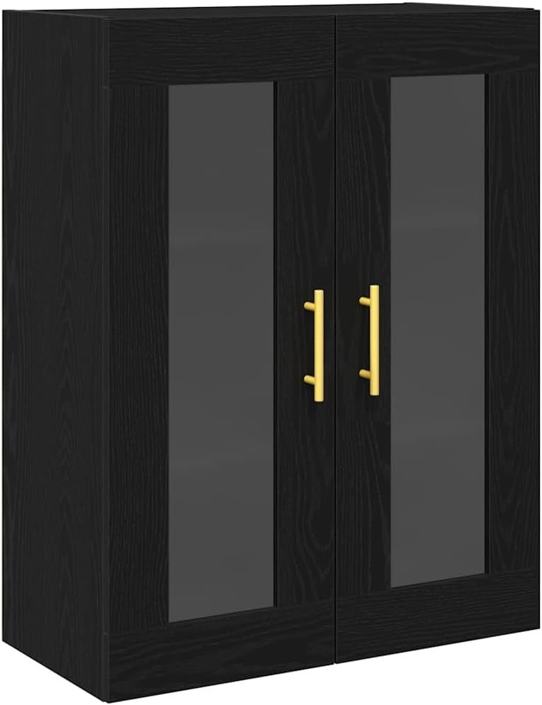Modern Black Oak Wall-Mounted Cabinet with Glass Shelves & Gold Handles