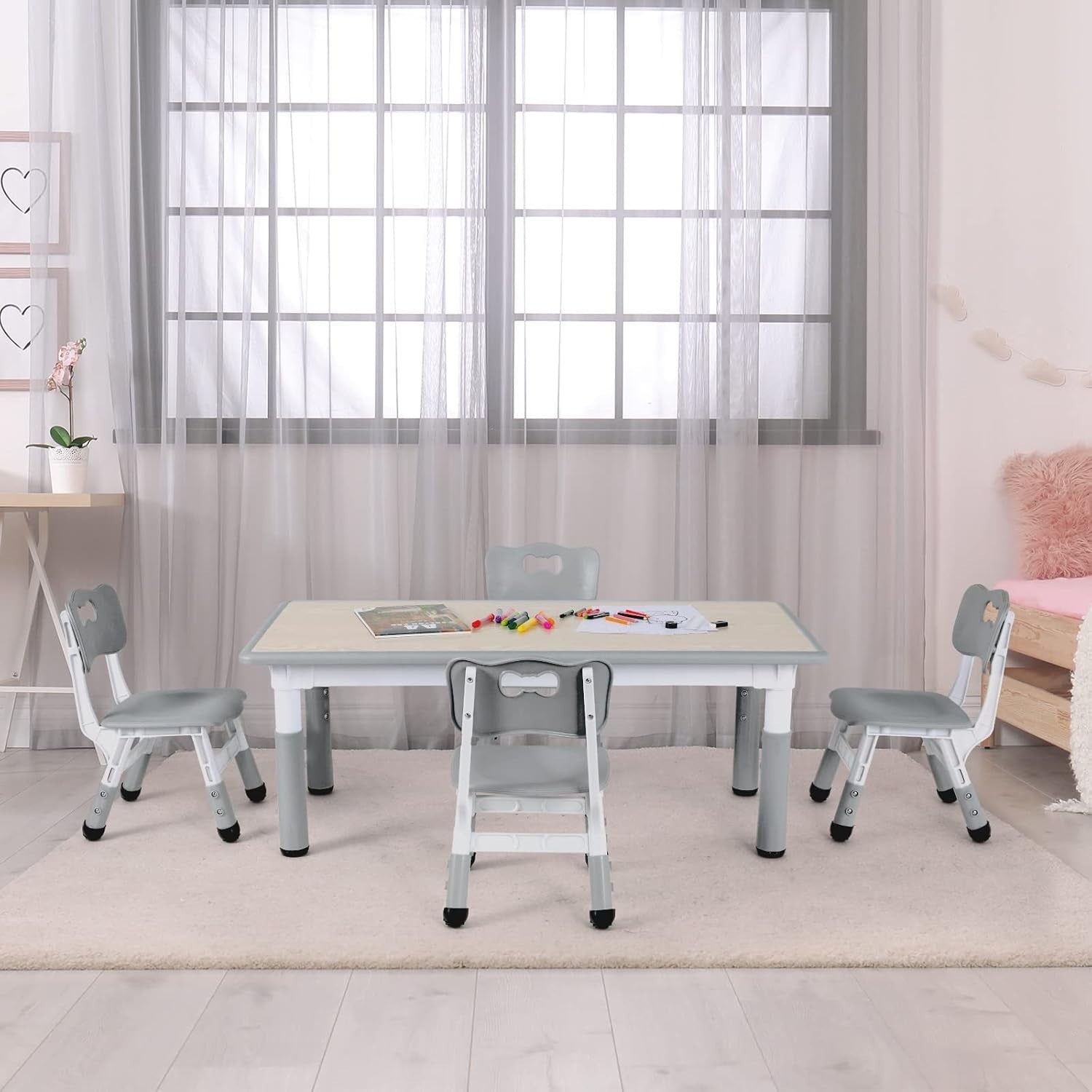 Height Adjustable Kids Table & 4 Chairs Set, Safe Plastic, 120x60cm Grey