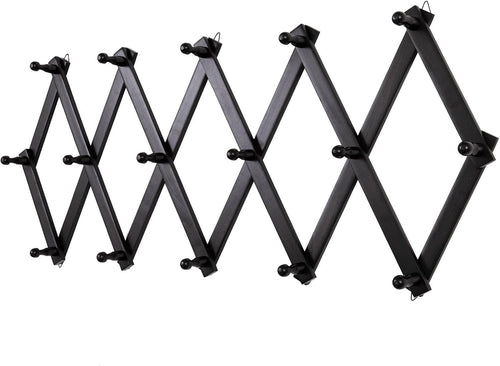Black Wooden Wall Hat Rack 16 Hooks Expandable Accordion Coat Organizer