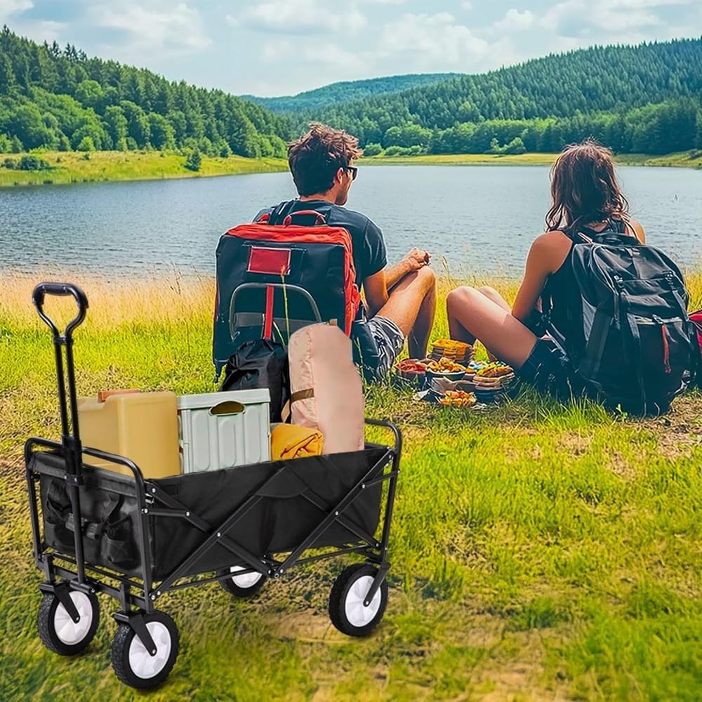 Black Heavy Duty Folding Wagon Collapsible Garden Camping Beach Trolley 70kg