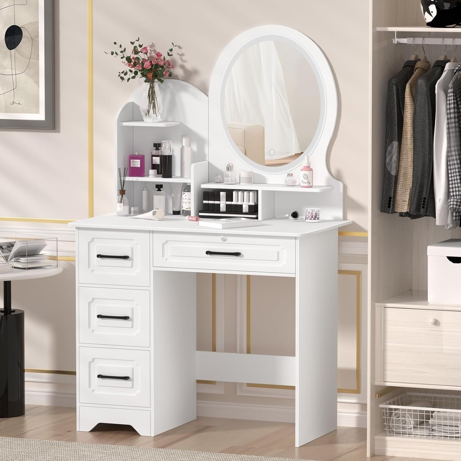 European Style Makeup Vanity Desk Lighted Mirror 3 Color LED 4 Drawers Storage