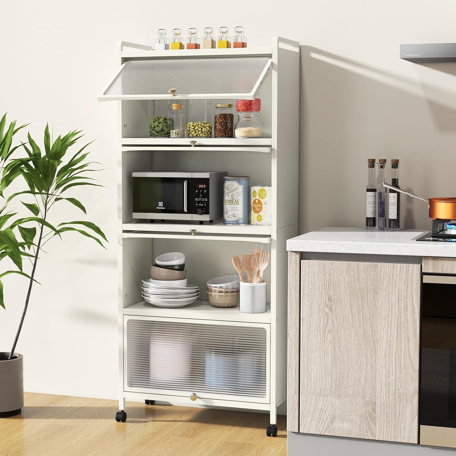 60x32x154cm White Rolling Kitchen Cabinet 5-Tier Pantry Storage with Wheels