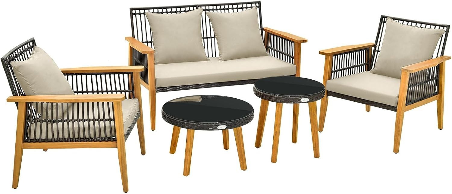 5 Piece Rattan Garden Conversation Set Sofa Chairs Tables Outdoor Patio