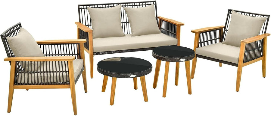 5 Piece Rattan Garden Conversation Set Sofa Chairs Tables Outdoor Patio