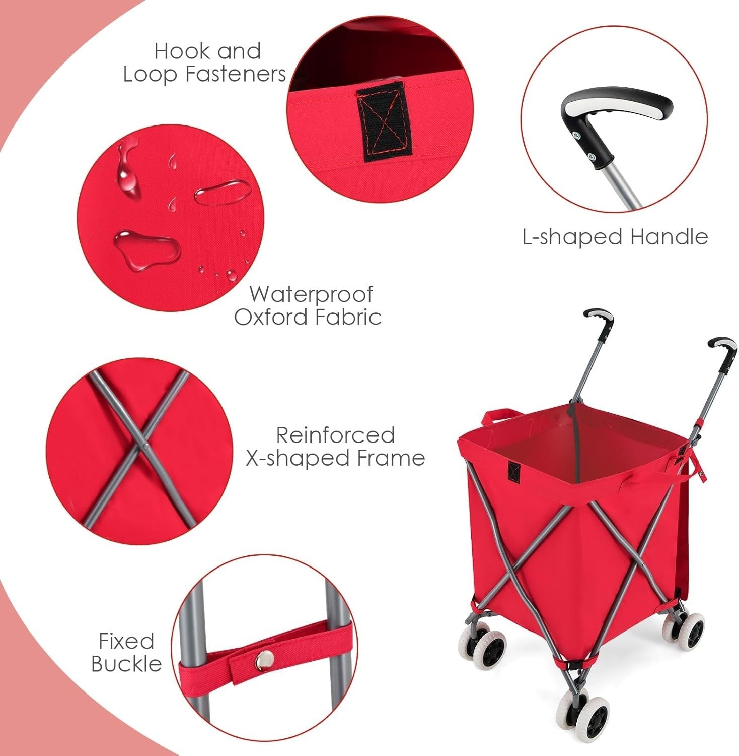 90L Folding Shopping Trolley 8 Wheels Large Push Cart Waterproof Red