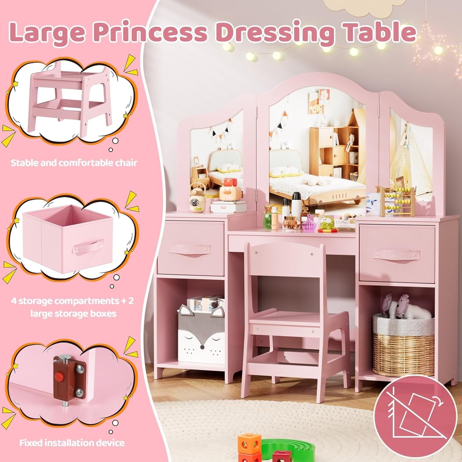 Kids Vanity Table & Chair Set with Tri-Fold Mirror Storage Desk Pink 108cm