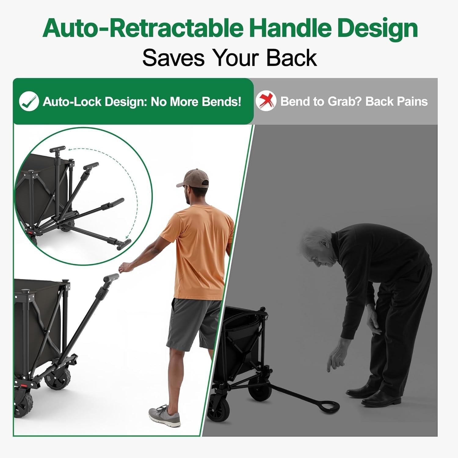 Dark Black Folding Wagon Cart Heavy Duty 360° Wheels Adjustable Handle 600D
