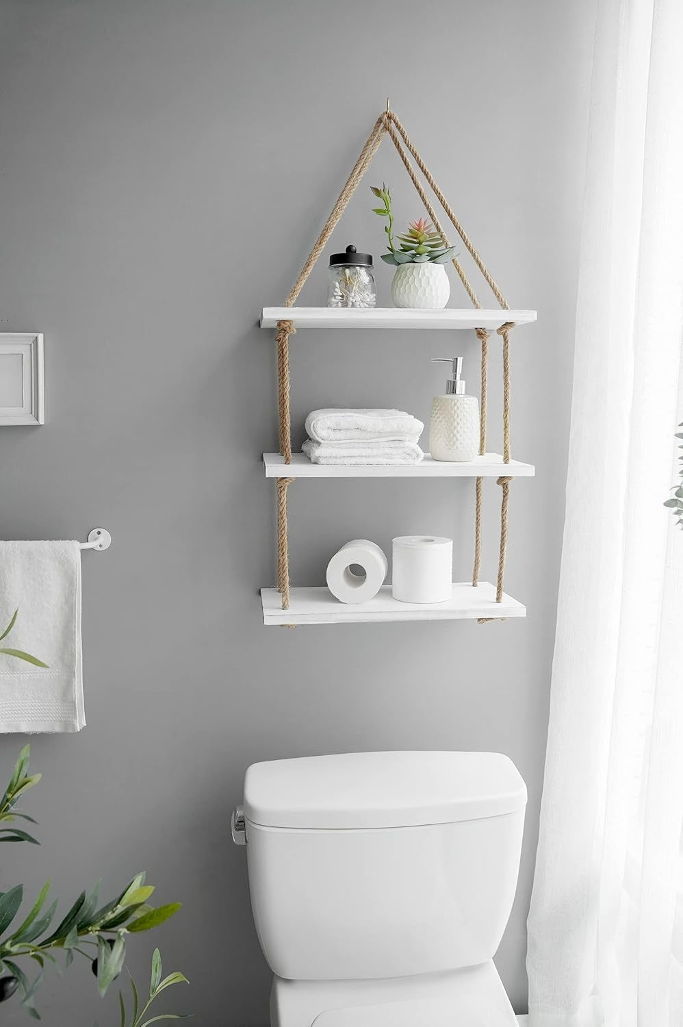 3-Tier White Wood Hanging Shelf Boho Rope Floating Decor