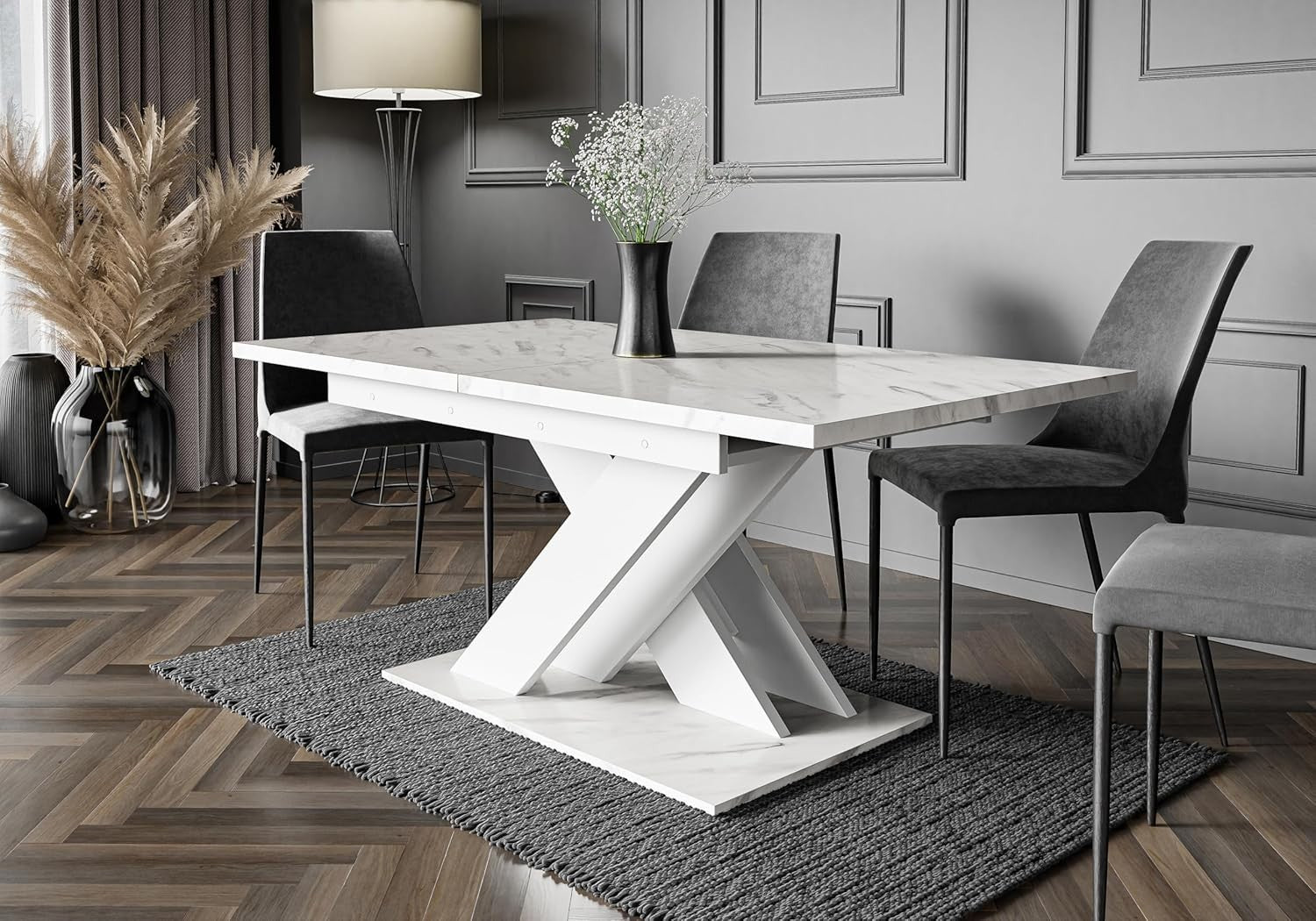 White Marble Gloss Extendable Dining Table 140–180cm Space Saving