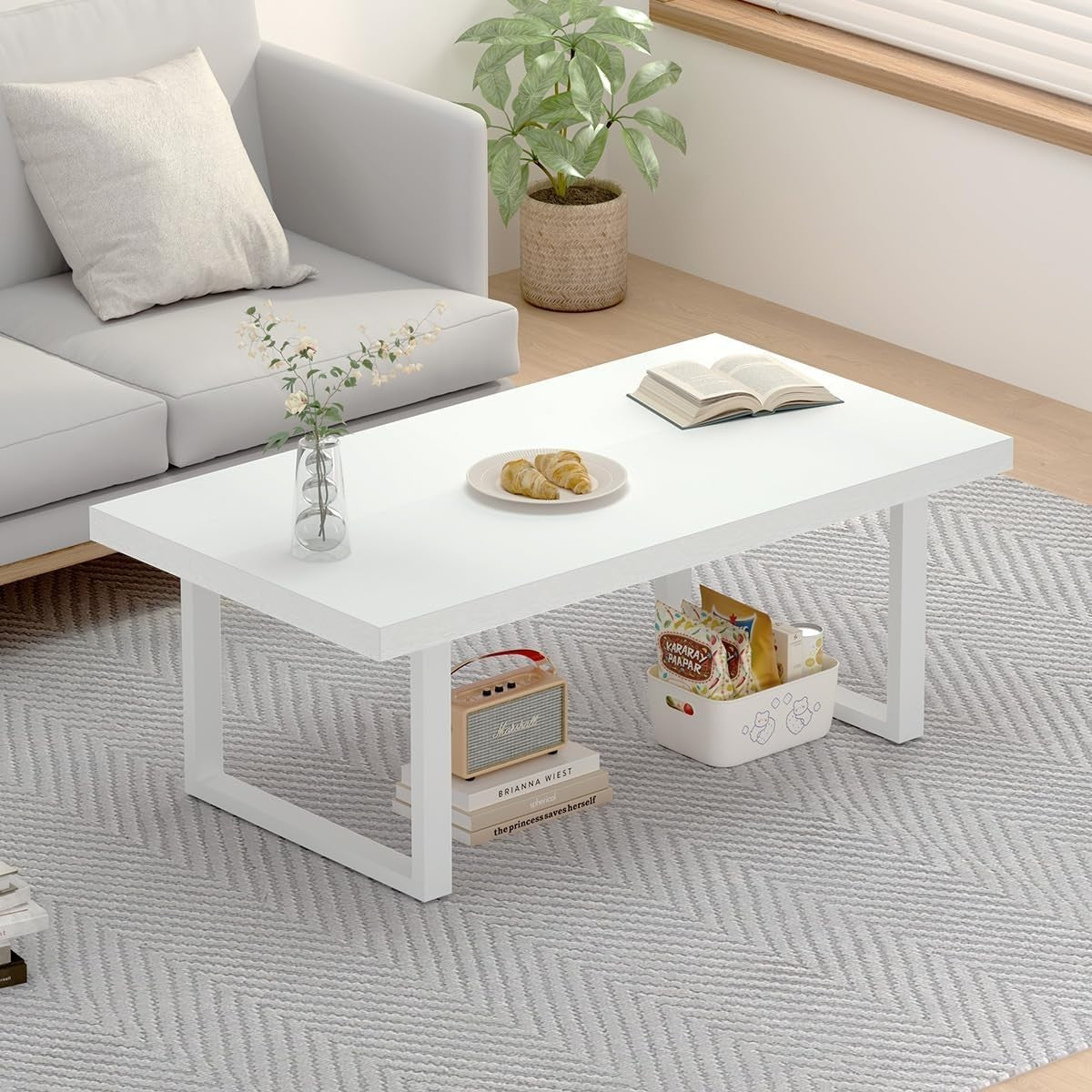 White Oak Coffee Table 99x53cm Minimalist Industrial Metal Frame Durable