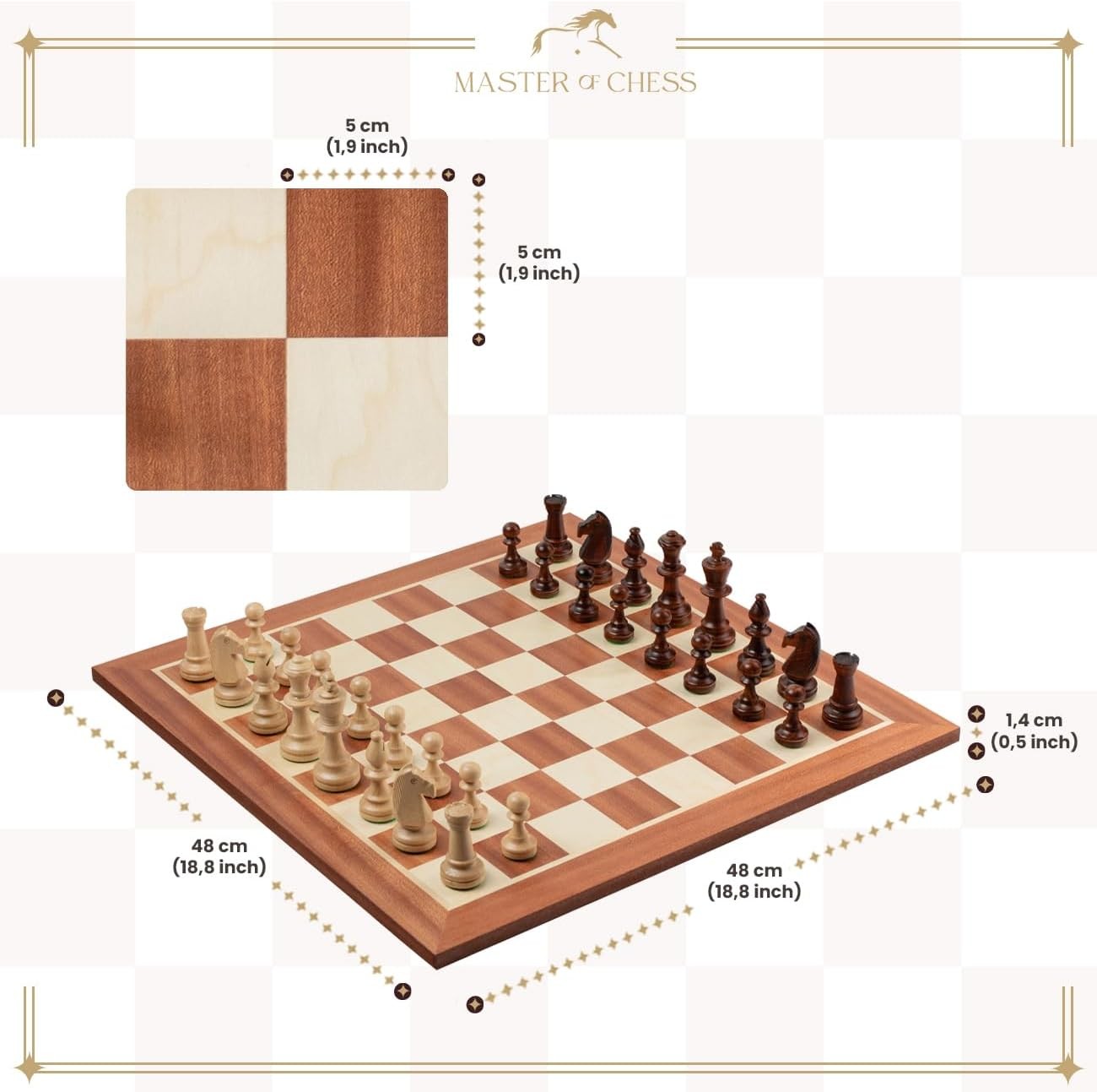 48cm Professional Wooden Chess Board Inlaid Sycamore Mahogany Tournament