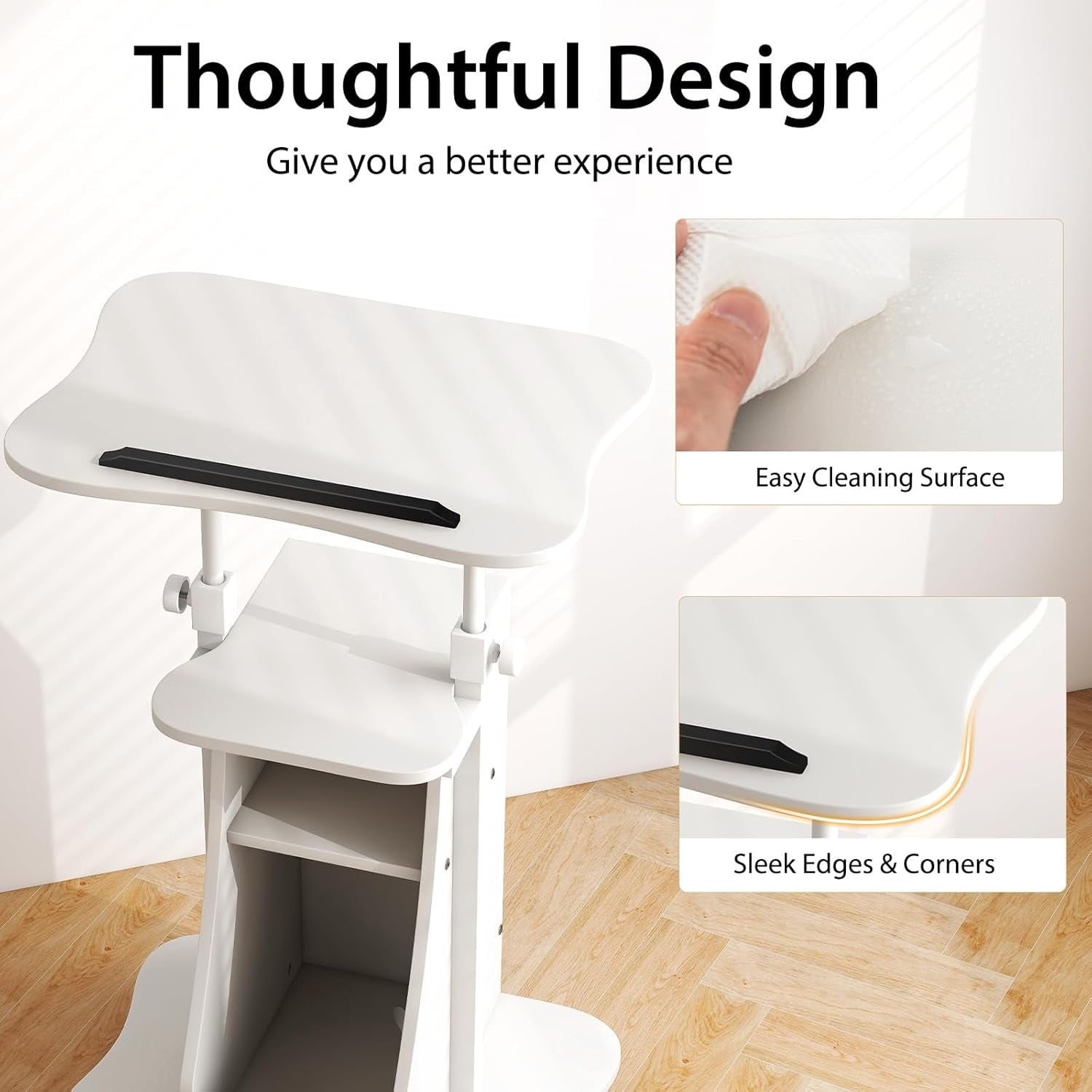 Height Adjustable Overbed Laptop Table on Wheels Storage Cabinet White