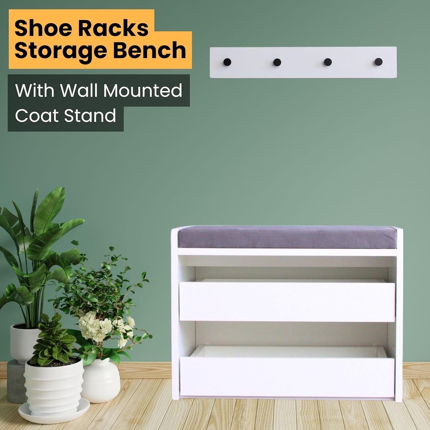 White Shoe Bench with Cushion & Wall Coat Rack Set Hallway Storage 60x35x45cm