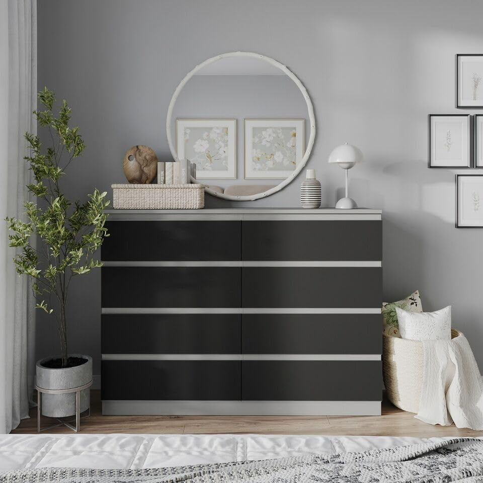 Modern 8 Drawer Chest Black Storage Cabinet Grey Unit for Bedroom Office