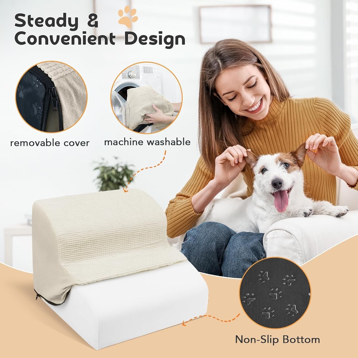 2 Step Dog & Cat Stairs Foam Ramp Non Slip Beige 40x55x30cm