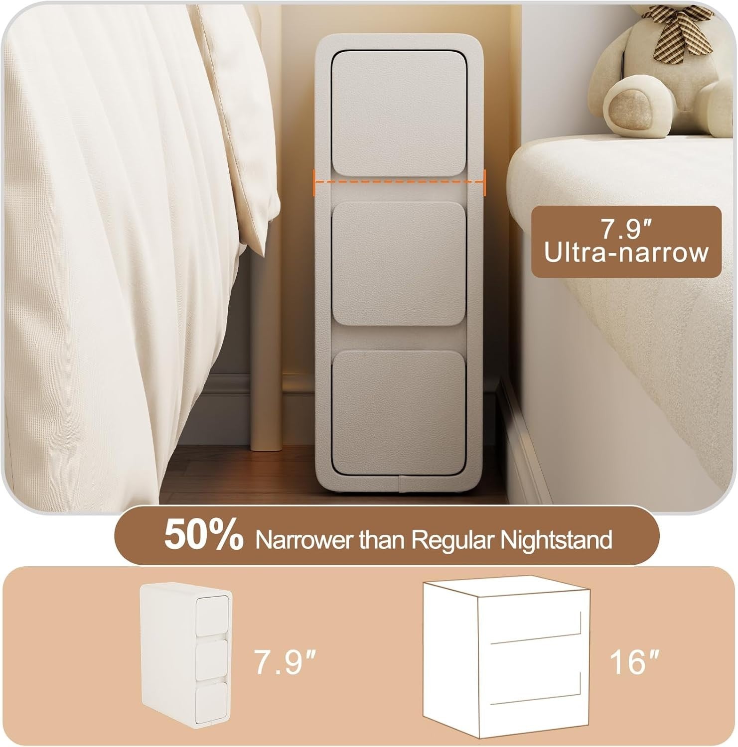 Modern Slim White Nightstand with 3 Drawers, Narrow Leather