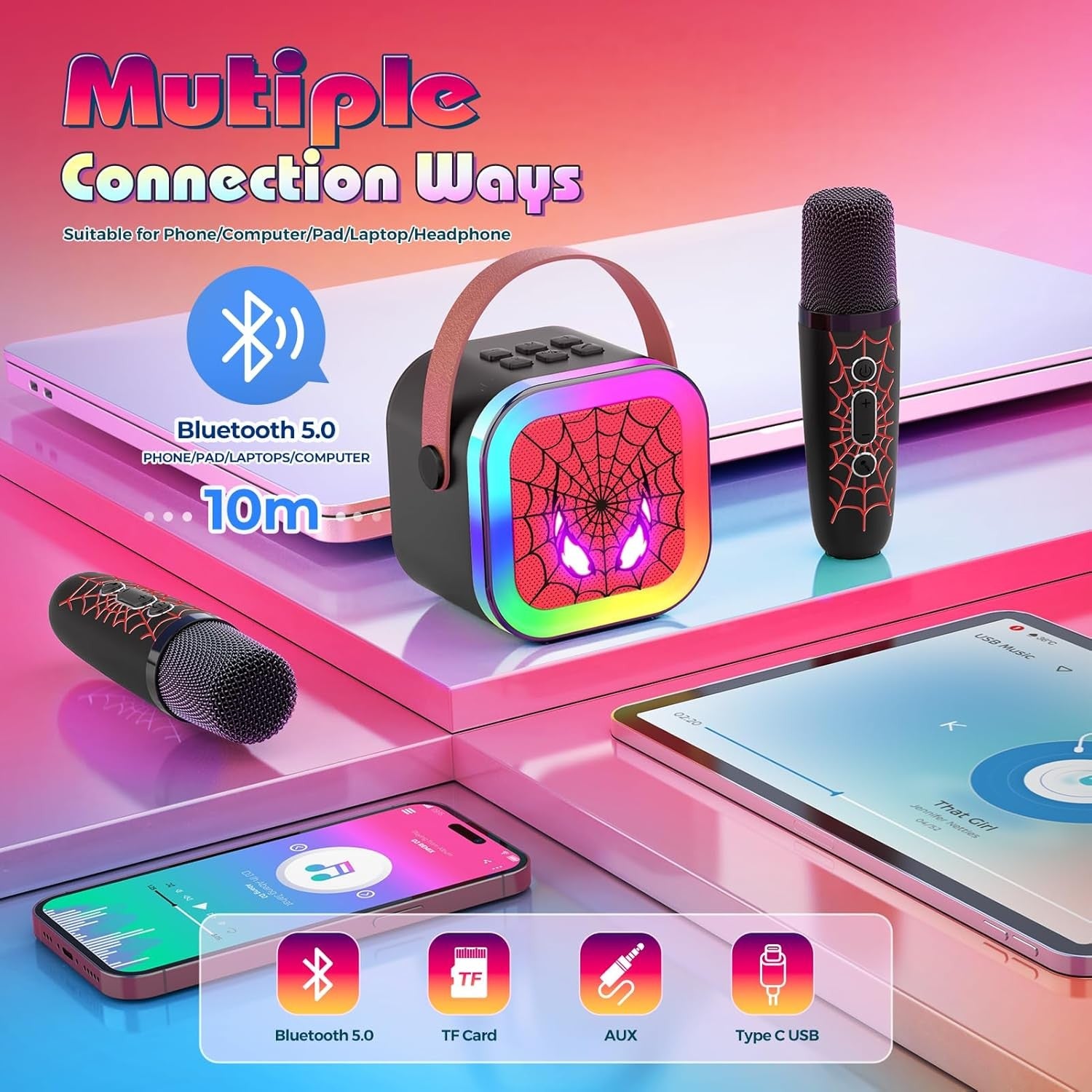 Kids Karaoke Machine 2 Wireless Mics Bluetooth