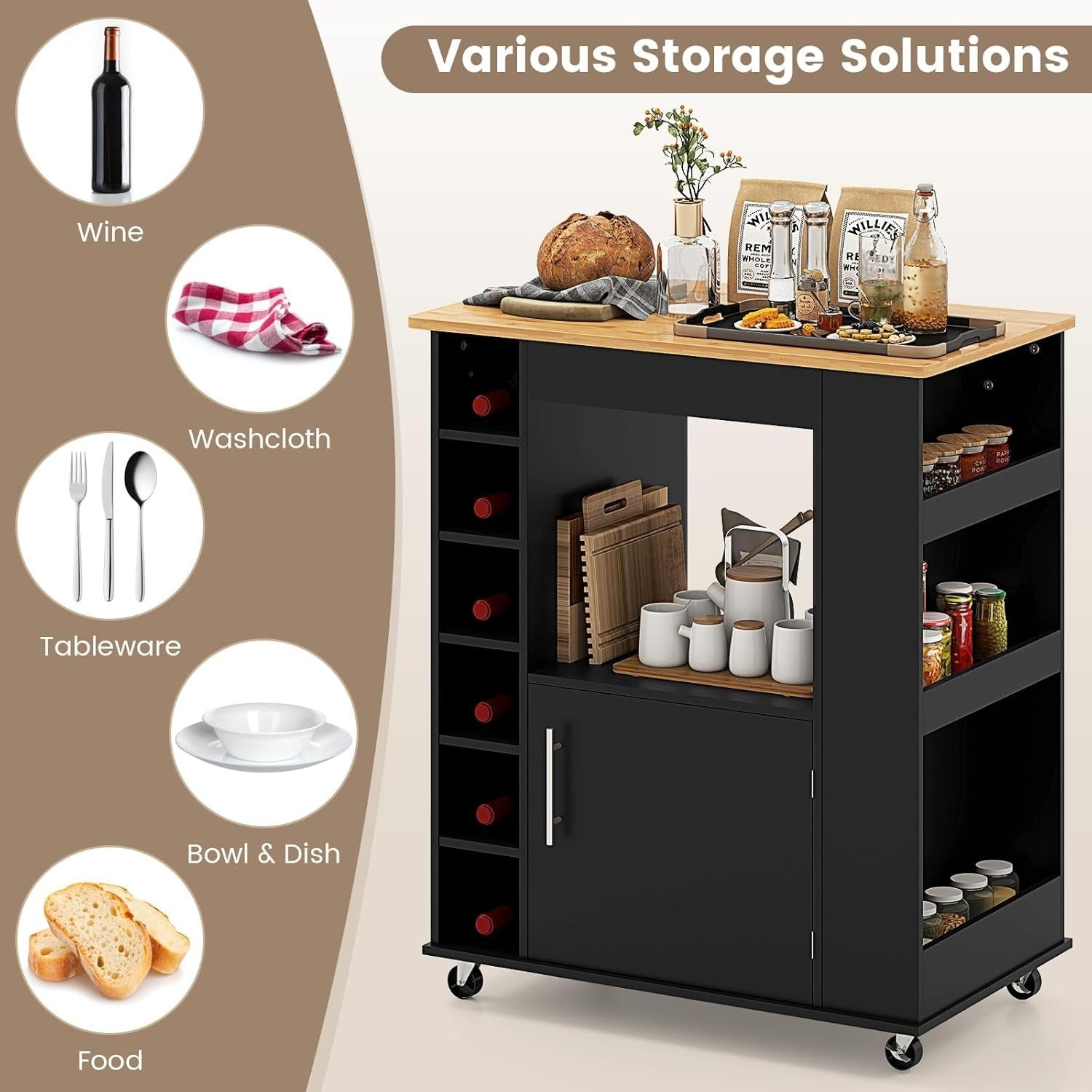 Rolling Kitchen Island Cart Bamboo Top Wine Rack Black