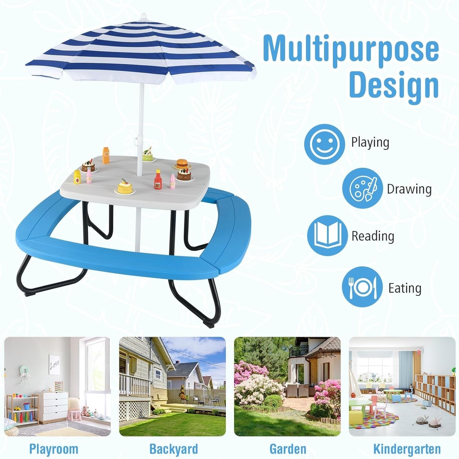 Kids Outdoor Picnic Table & Chairs Set with Adjustable Umbrella, Seats 8
