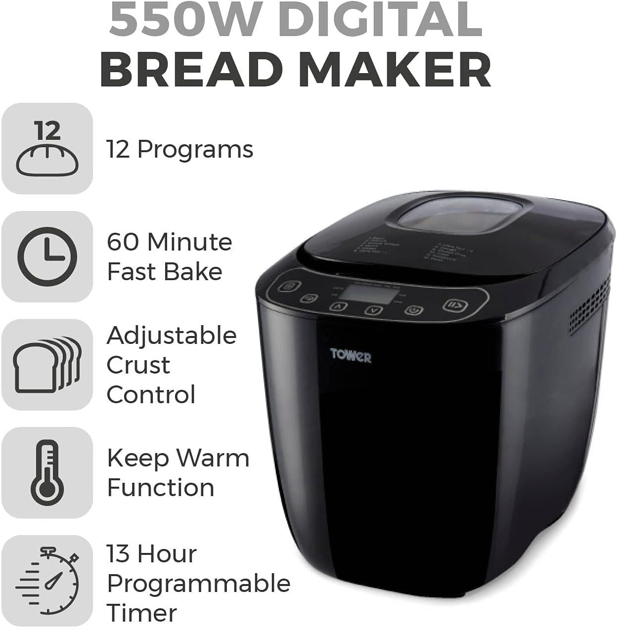 2LB Digital Bread Maker 12 Programs Fast Bake Gluten-Free Non-Stick